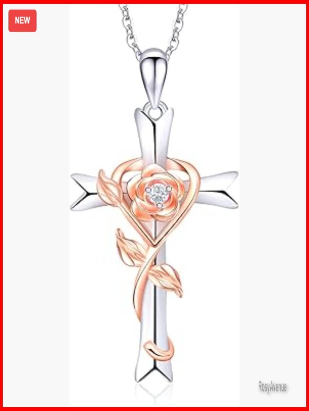 Sterling Silver Cross Rose Pendant Necklace with Birthstone Lobster Clasp - Picture 1 of 7